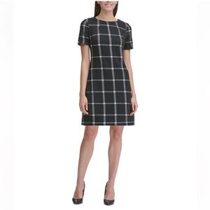 Tommy Hilfiger Windowpane Plaid Shift Dress Short Sleeve Scoop Neck